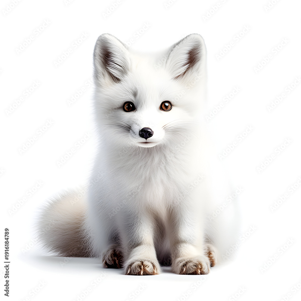 Obraz premium Cute Baby Arctic Fox Sitting And Looking Forward Isolated On White Background