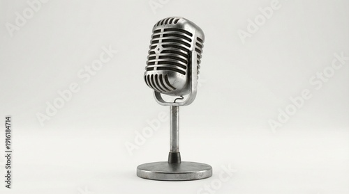 Vintage microphone on stand, retro, metallic silver, studio shot, for podcasting.