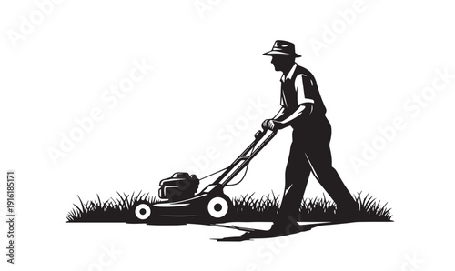 Man mowing lawn with push mower