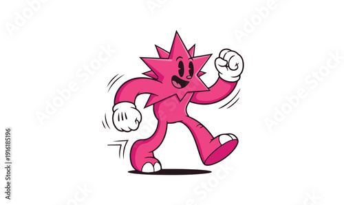 Pink cartoon character with spiky hair and fist raised