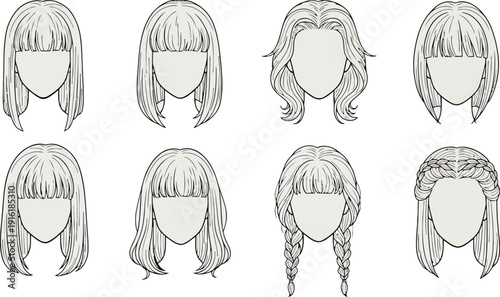 Various women's hairstyles collection in modern illustration style