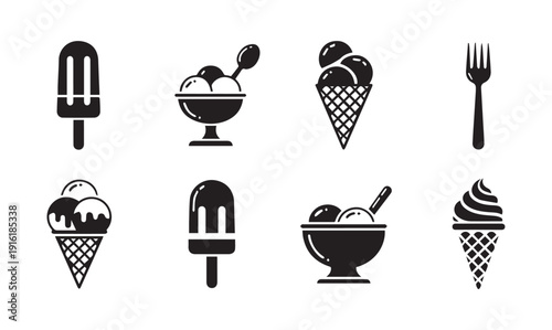 Black and white icons of various ice cream treats and utensils