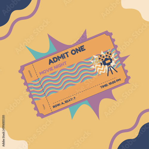Funky Movie Night Ticket Stub Vector - Colorful Flat Art. Retro Groovy Style