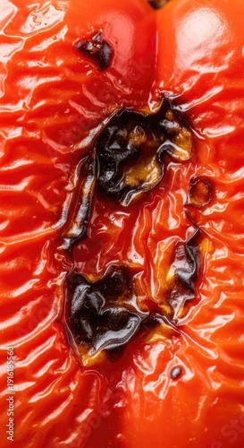 Close-up of a damaged tomato with dark spots.