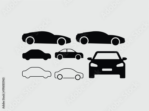 Set of various car icons and silhouettes for automotive design