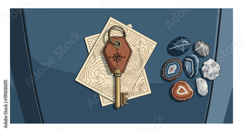 Vintage key, old maps, and a collection of natural rocks and minerals on a dark surface, symbolizing adventure, discovery, and exploration.