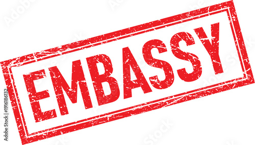 Red Grunge Embassy Text Ink Stamp with a Rectangle Border Isolated