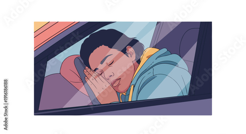 Young man sleeping in car passenger seat, tired traveler resting during a journey, close-up view through window