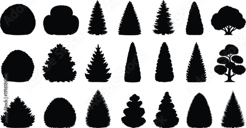 Topiary and conifer shrub silhouettes collection, flat vector illustration, ornamental garden trees set, botanical landscape elements, isolated nature clipart
