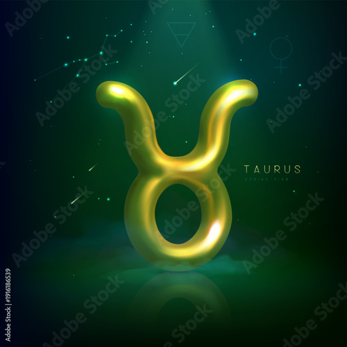3d metallic magic astrology Taurus zodiac sign and constellation on space background. Vector illustration