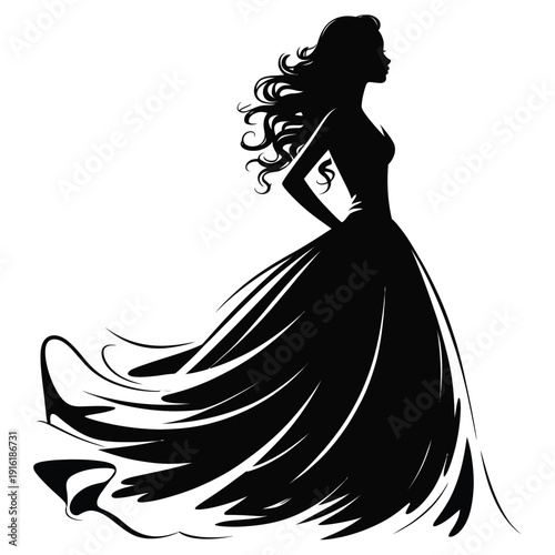 Elegant Woman Silhouette in Flowing Gown – Minimalist Black and White Vector Fashion Art