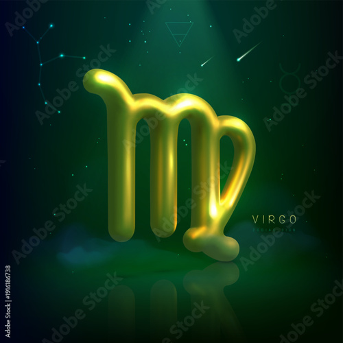 3d metallic magic astrology Virgo zodiac sign and constellation on space background. Vector illustration