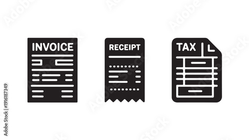 Invoice, receipt, and tax documents icons in minimalist flat design with simple black and white color scheme for financial and accounting applications