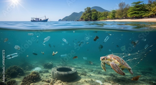 Sea turtle swimming through ocean pollution and plastic waste