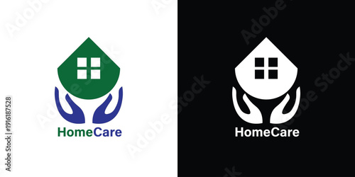 Home care logo representing a house inside a shield shape with caring hands suitable for elderly assistance and support services with text