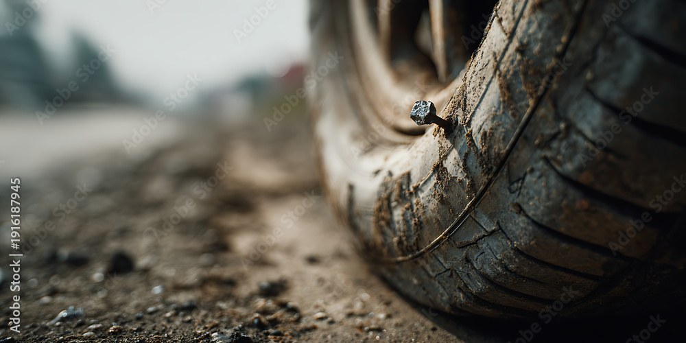Naklejka premium Close-Up of Punctured Car Tire with Nail, Flat Tire Problem Concept