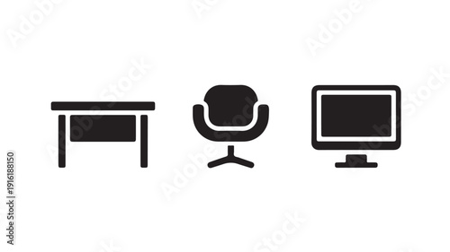 Modern office furniture in minimalist style with simple shapes and monochromatic color scheme on white background for workspace design