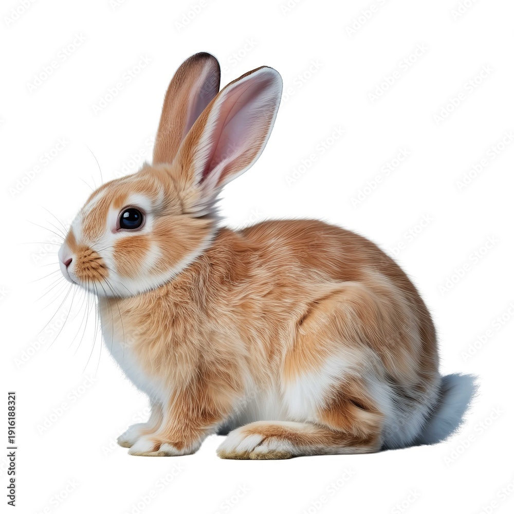 Obraz premium Adorable rabbit with orange and white fur sitting on white background with long ears and cute expression