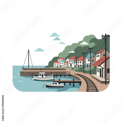 Seaside Village with Boats and Buildings.