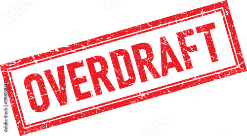 Red Overdraft Rectangular Rubber Stamp Impression with Grunge Texture on White Background