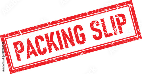 Red Packing Slip Text Impression, Grunge Rubber Stamp Effect on White Background