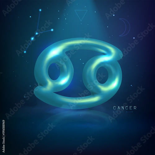 3d metallic magic astrology Cancer zodiac sign and constellation on space background. Vector illustration