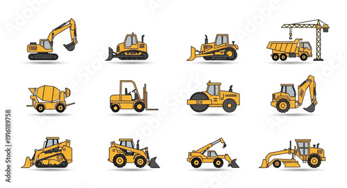 Collection of Yellow Construction Vehicles and Heavy Machinery.