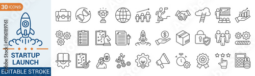 Startup Launch outline style icon set. Development icons in Outline style. Editable web icons for launch project, innovation, idea, strategy, and more . Vector illustration eps 10