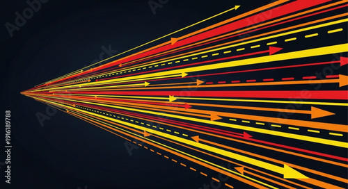 Abstract colorful light streaks moving forward in dark background.