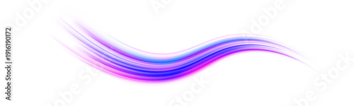 Purple and blue neon curves twist in high-speed motion across the dark canvas. Bright sparks follow every turn. Energy pulses through glowing waves. PNG