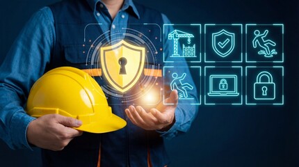 Construction worker holding yellow hard hat with digital security icons and shield overlay emphasizing workplace safety and protection