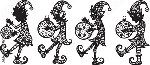 Four Elaborate Black Silhouette Figures with Floral Patterns