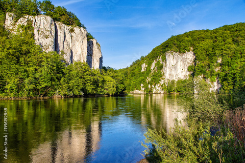 Danube river breakthrough near Kelheim, Bavaria, Germany with limestone rock formations and clear water