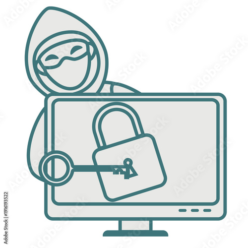 Hacker in mask holds key and lock on computer screen for security concept on 19 file