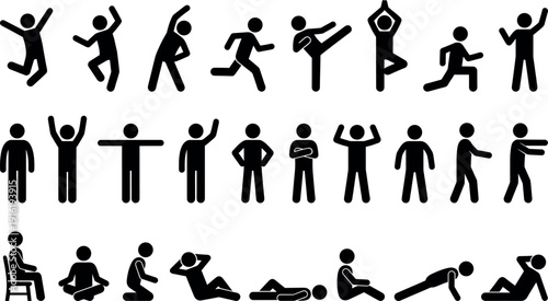 Massive Bundle of Stick Figure Icons Featuring Various Human Activities Like Exercise Sleeping Drinking Socializing and Working for Comprehensive Lifestyle and Wellness Vector Graphic Designs