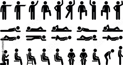 Massive Bundle of Stick Figure Icons Representing Diverse Human Activities Including Fitness Exercise Drinking Socializing Working Sleeping Climbing and Various Body Language Poses Vector Set