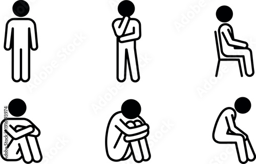 Set of stick figure icons showing different body language poses including standing thinking sitting on chair and feeling sad or depressed isolated on white