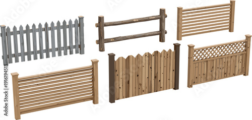 Wooden fence set, rustic garden barriers, picket and panel designs, farmhouse style boundary elements isolated on white background