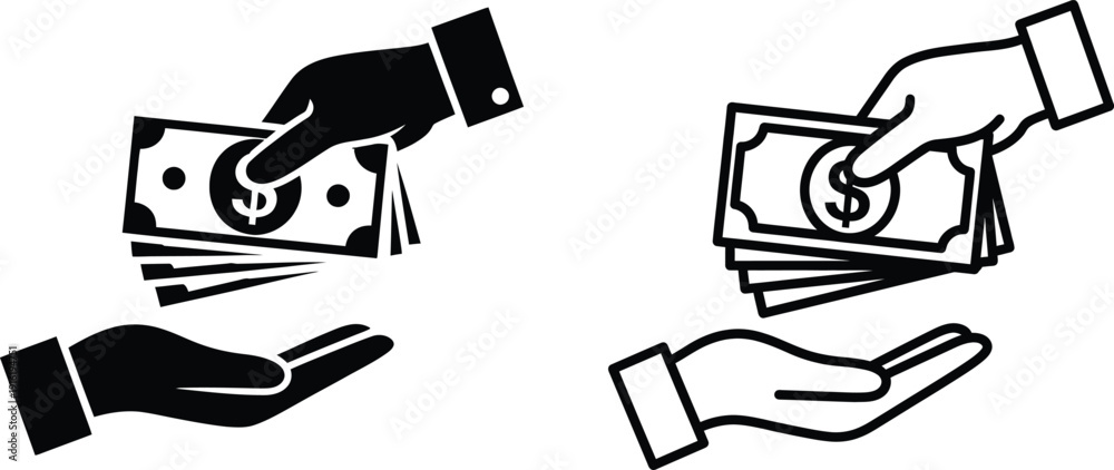Εκτύπωση καμβά Hands exchanging money icon set, cash payment transaction symbol, giving and rec