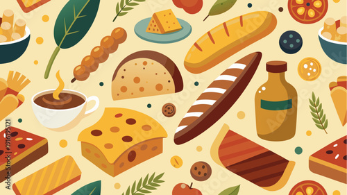Seamless pattern with bread cheese coffee and bakery products in flat vector style