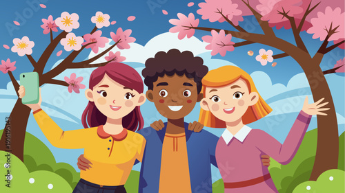 Happy diverse friends taking selfie under blooming cherry trees in spring park illustration