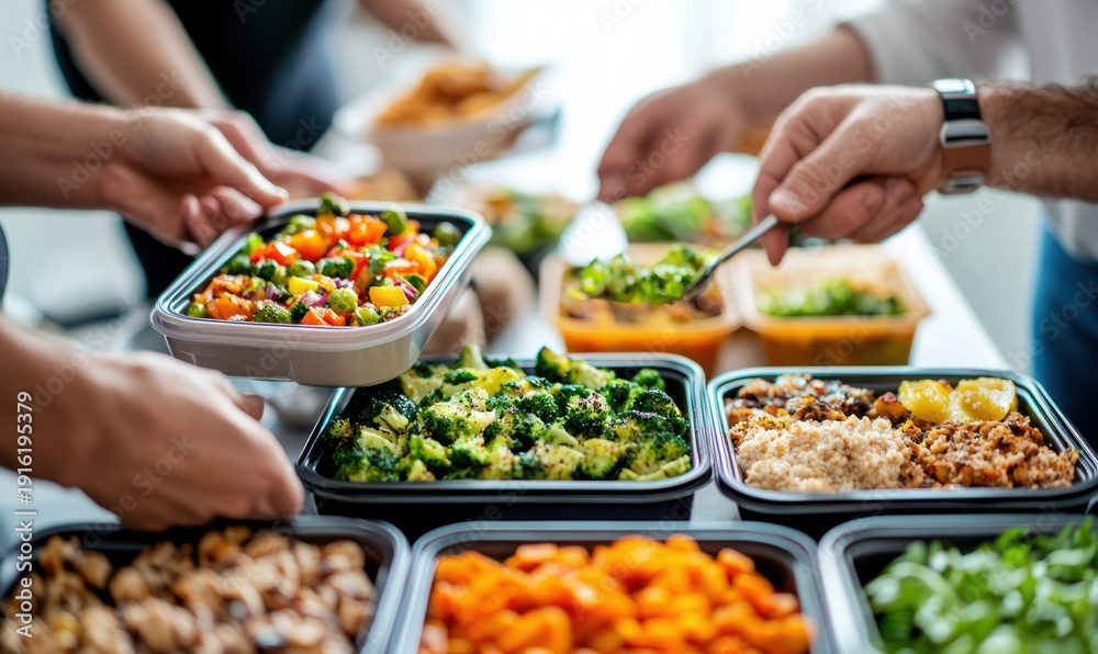 Obraz premium Healthy meal prep with various colorful vegetable dishes ready to be served.
