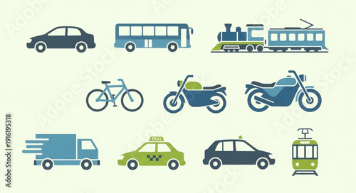 Collection of various transportation vehicles and modes of transport.