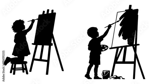 Silhouette of little boy and girl painting on easels isolated on white background for creative education and art concept
