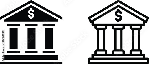 Bank building icon set, finance institution courthouse symbol, money investment outline and solid vector illustration