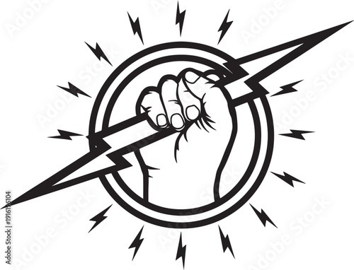 Clenched fist holding lightning bolt symbol of power and electricity radiating energy and strength in circle