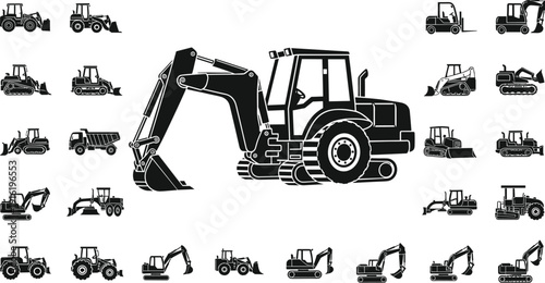 Construction Heavy Equipment Silhouette Collection with Excavator Bulldozer Loader Tractor and Dump Truck Vector Set
