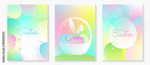 Easter poster vector background. Modern Abstract gradient design set with easter eggs, rabbit. Trendy Easter design for ads, sale, cover, website, banner and greeting card.