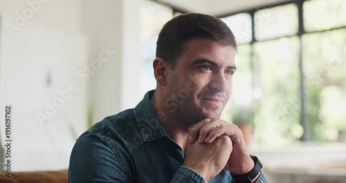 Thinking, man or exhale with relief in home for finance resolution, debt settlement or flare. Relax, person or smile with reflection in house for financial solution, problem solving or emotional calm