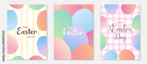 Easter poster vector background. Modern Abstract gradient design set with easter eggs, rabbit. Trendy Easter design for ads, sale, cover, website, banner and greeting card.
